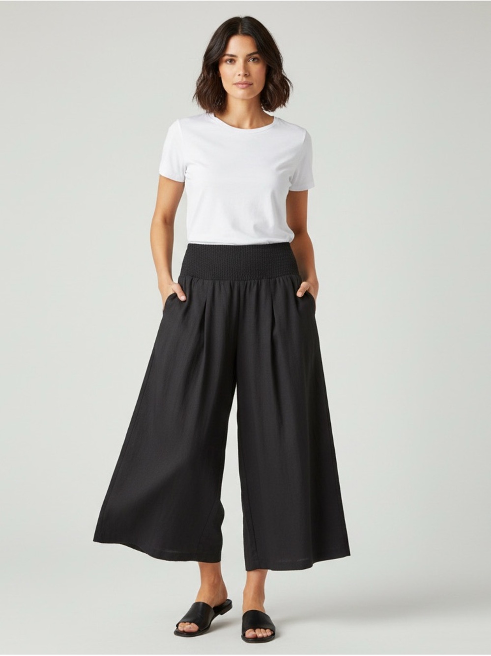 Wide-Leg Smocked-Waist Pants in Black